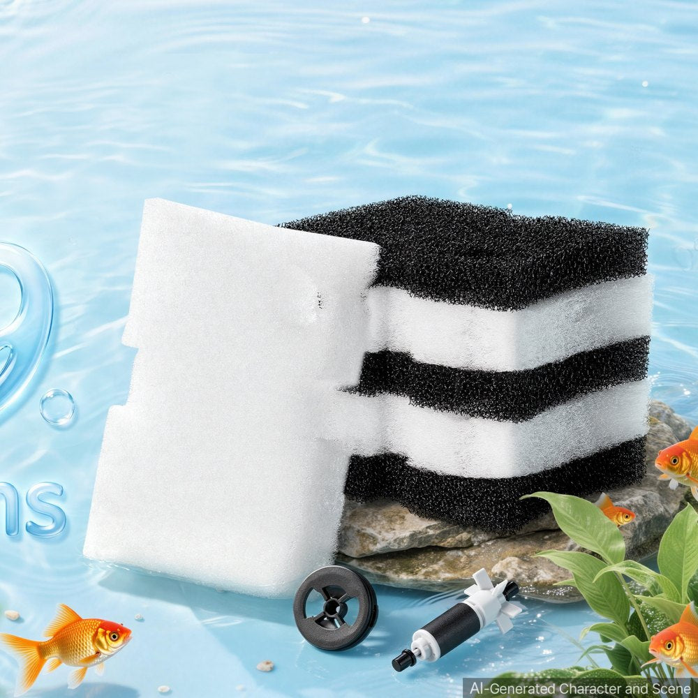 VEVOR Aquarium Filter Media Pads, 6 PCS with Impeller for AQ700 & AQ1000, Canister Floss Replacement Media for Fish Tank, Zirconia Impeller Shaft, 3 Black Polyurethane Foam & 3 White Polyester Fiber