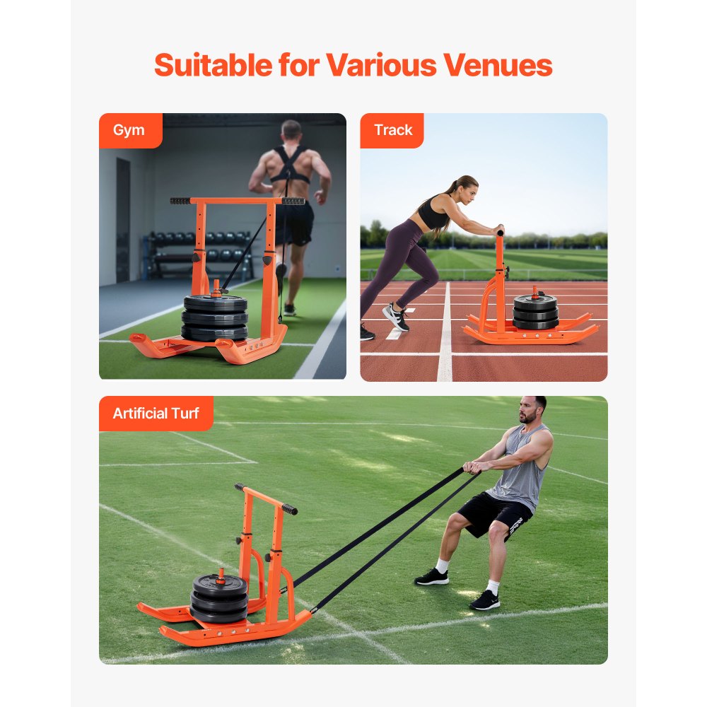 VEVOR Weight Sled, Steel Power Sled, Fitness Training Sleds for Athletic Exercise Speed Improvement, Workout Equipment with Adjustable Height Handle, Compatible with 1/2 in Weight Plates, Orange
