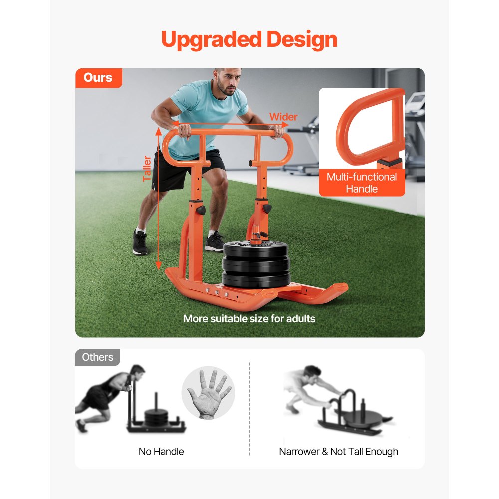 VEVOR Weight Sled, Steel Power Sled, Fitness Training Sleds for Athletic Exercise Speed Improvement, Workout Equipment with Adjustable Height Handle, Compatible with 1/2 in Weight Plates, Orange