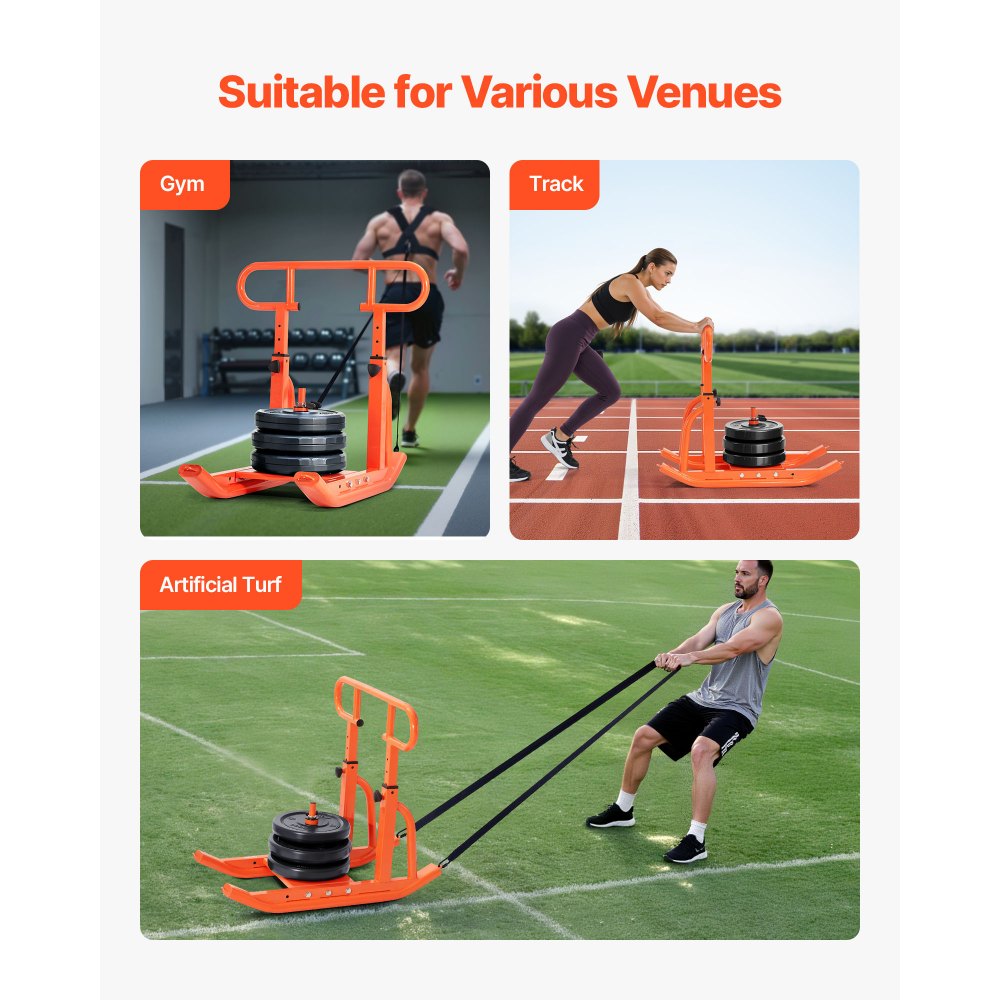 VEVOR Weight Sled, Steel Power Sled, Fitness Training Sleds for Athletic Exercise Speed Improvement, Workout Equipment with Adjustable Height Handle, Compatible with 1/2 in Weight Plates, Orange