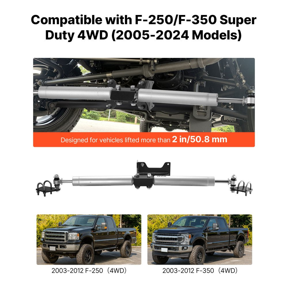 VEVOR Dual Steering Stabilizer, for 2005-2024 Ford F-250/F-350 Super Duty 4WD, Dual Steering Stabilizer Kit Fits with 2 Inches of Suspension Lift or Higher, Enhanced Control and Reduced Vibration