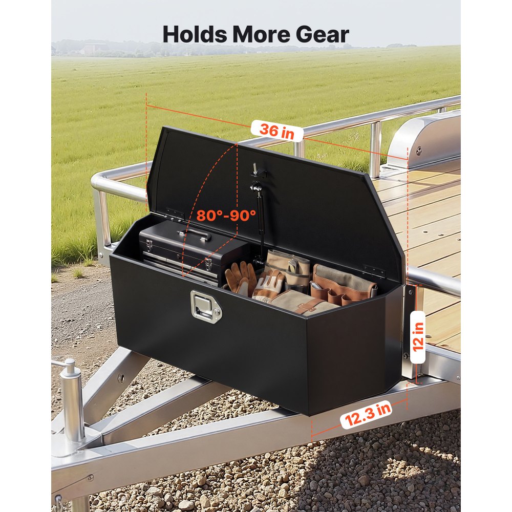 VEVOR Trailer Tongue Box, 36" x 12.3" x 12" Steel Trailer Tongue Tool Box, Heavy Duty Storage Organizer with Lock and Keys, Utility Tool Chest for Pickup Truck Bed, RV, SUV, Off-Road Vehicle, Black