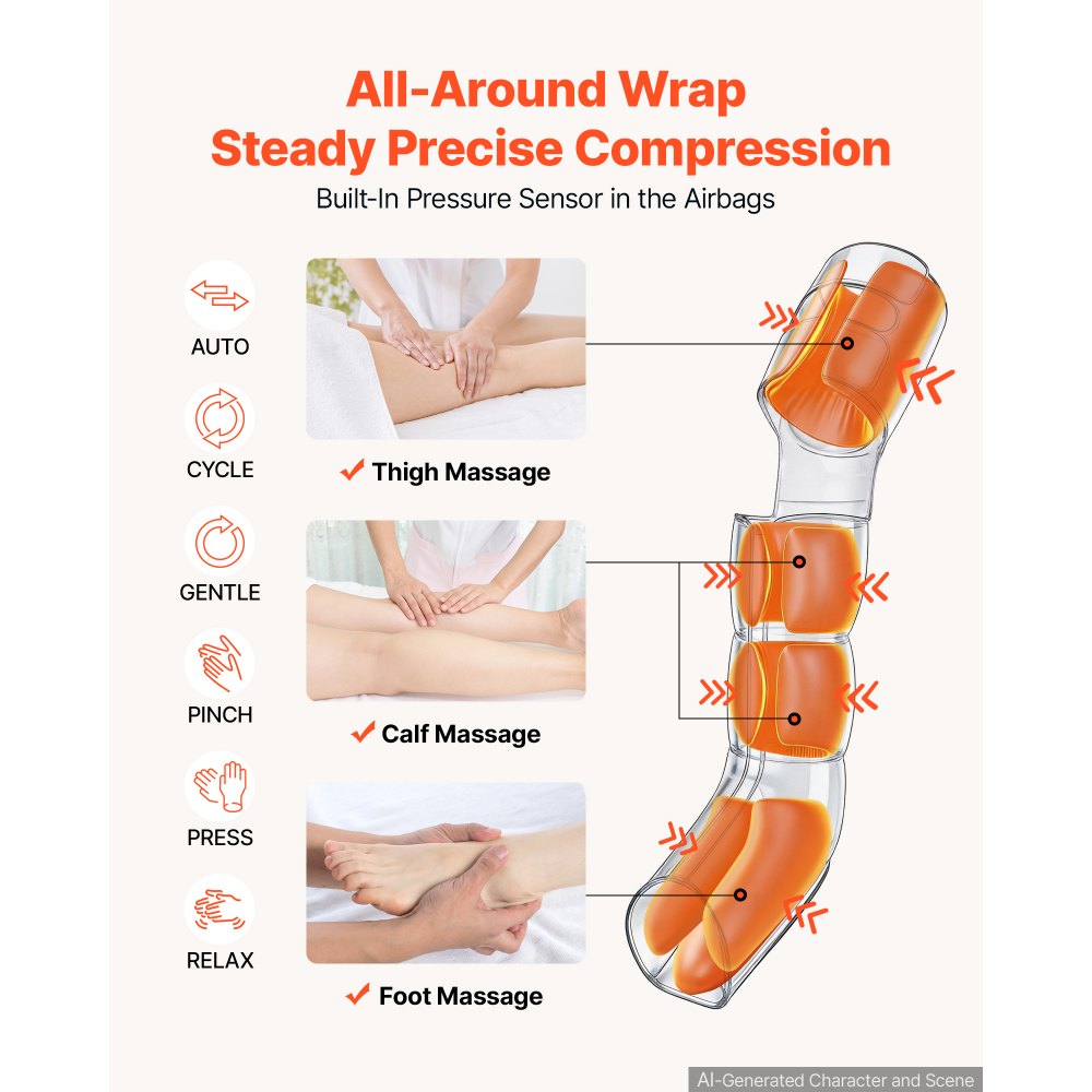 VEVOR Leg Compression Massager 9 Intensities Air Compression Leg Massager, For Daily Relaxation, 6 Massage Modes, 3 Heat Settings, Auto Shut-Off Timer, Adjustable Fit, with Storage Bag and Adapter