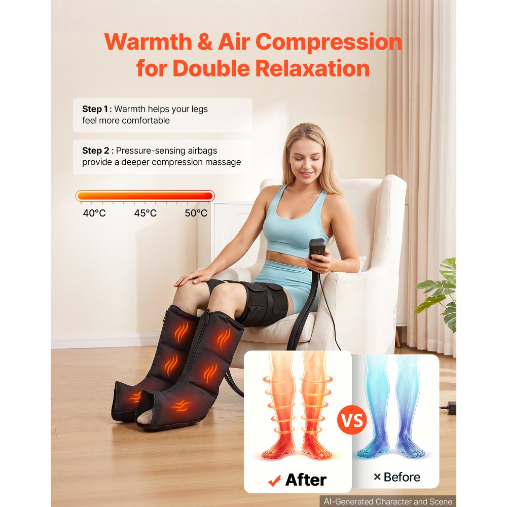 VEVOR Leg Compression Massager 9 Intensities Air Compression Leg Massager, For Daily Relaxation, 6 Massage Modes, 3 Heat Settings, Auto Shut-Off Timer, Adjustable Fit, with Storage Bag and Adapter