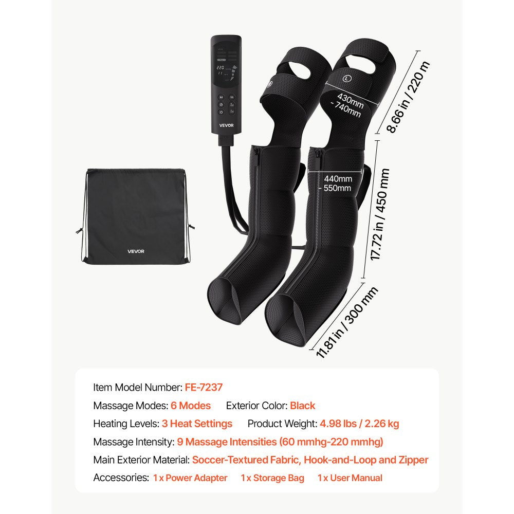 VEVOR Leg Compression Massager 9 Intensities Air Compression Leg Massager, For Daily Relaxation, 6 Massage Modes, 3 Heat Settings, Auto Shut-Off Timer, Adjustable Fit, with Storage Bag and Adapter