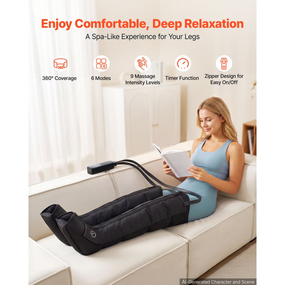 VEVOR Leg Compression Massager 6 Modes Air Compression Full Leg Massager, For Daily Relaxation, 9 Massage Intensities, 360° Coverage, Auto Shut-Off Timer, with Portable Storage Bag and Power Adapter