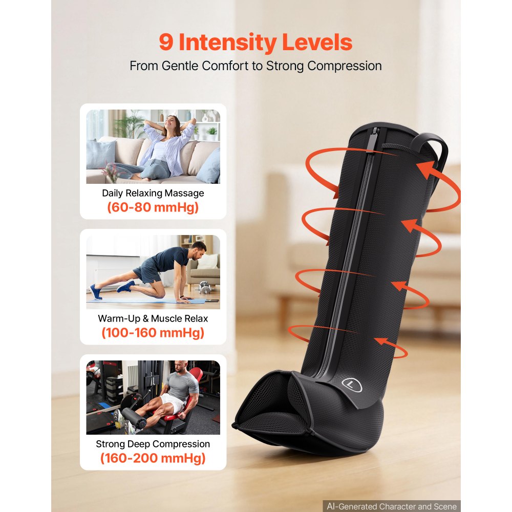 VEVOR Leg Compression Massager 6 Modes Air Compression Full Leg Massager, For Daily Relaxation, 9 Massage Intensities, 360° Coverage, Auto Shut-Off Timer, with Portable Storage Bag and Power Adapter