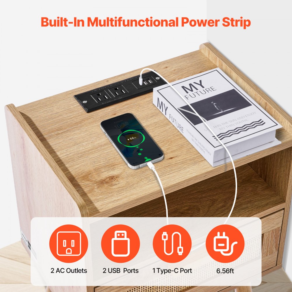 VEVOR Rattan Nightstand, Boho Bedside Table with Drawer Open Shelf, Rattan End Table Wooden Nightstand with Solid Wood Legs, Rattan Side Table with Charging Station, for Bedroom, Study & Living Room