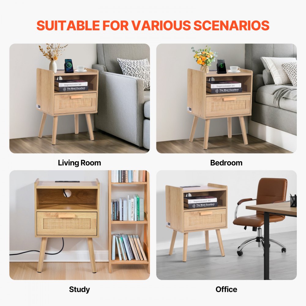 VEVOR Rattan Nightstand, Boho Bedside Table with Drawer Open Shelf, Rattan End Table Wooden Nightstand with Solid Wood Legs, Rattan Side Table with Charging Station, for Bedroom, Study & Living Room