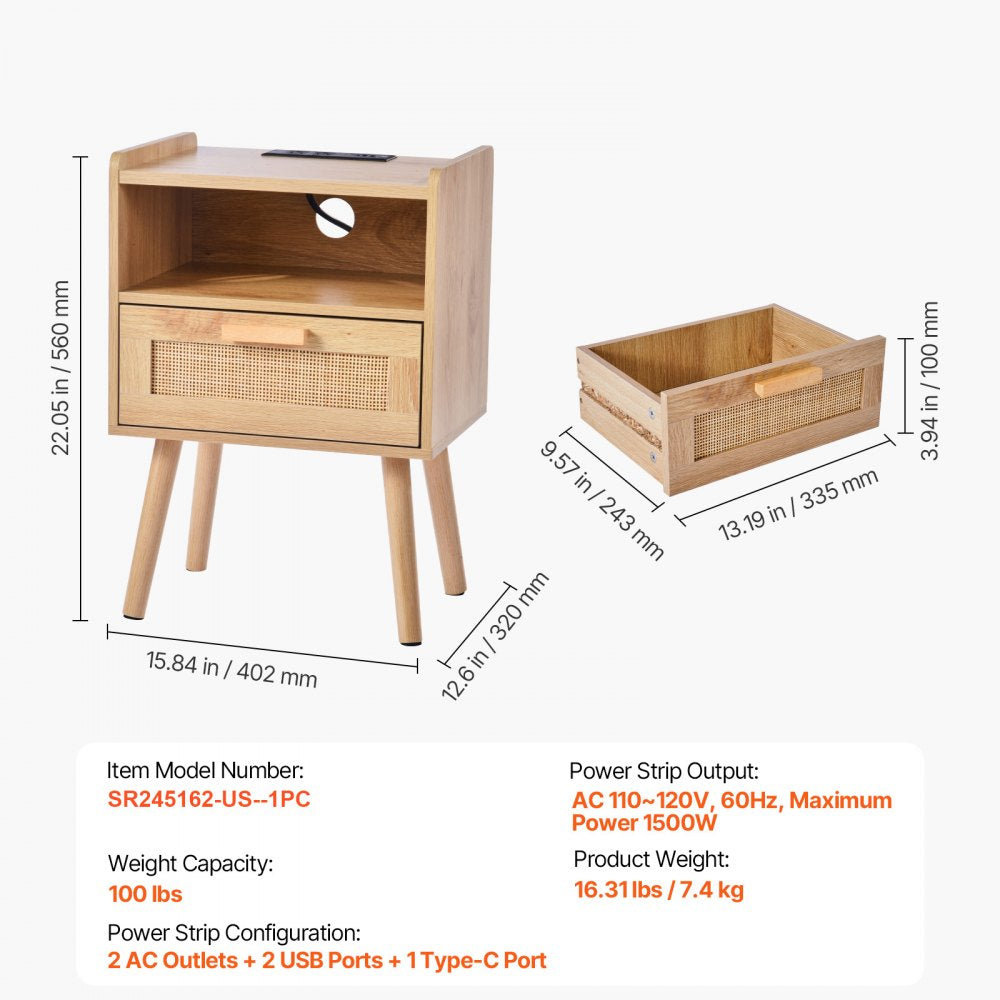 VEVOR Rattan Nightstand, Boho Bedside Table with Drawer Open Shelf, Rattan End Table Wooden Nightstand with Solid Wood Legs, Rattan Side Table with Charging Station, for Bedroom, Study & Living Room