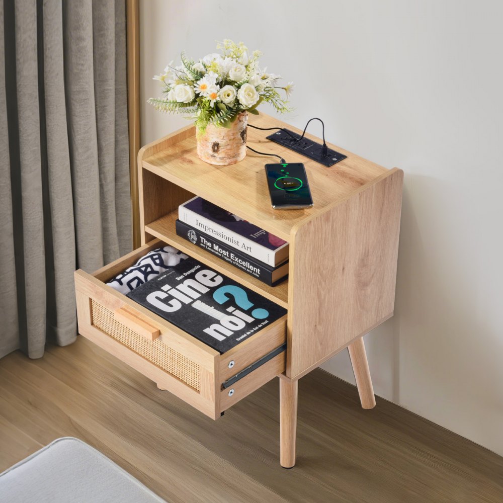 VEVOR Rattan Nightstand, Boho Bedside Table with Drawer Open Shelf, Rattan End Table Wooden Nightstand with Solid Wood Legs, Rattan Side Table with Charging Station, for Bedroom, Study & Living Room