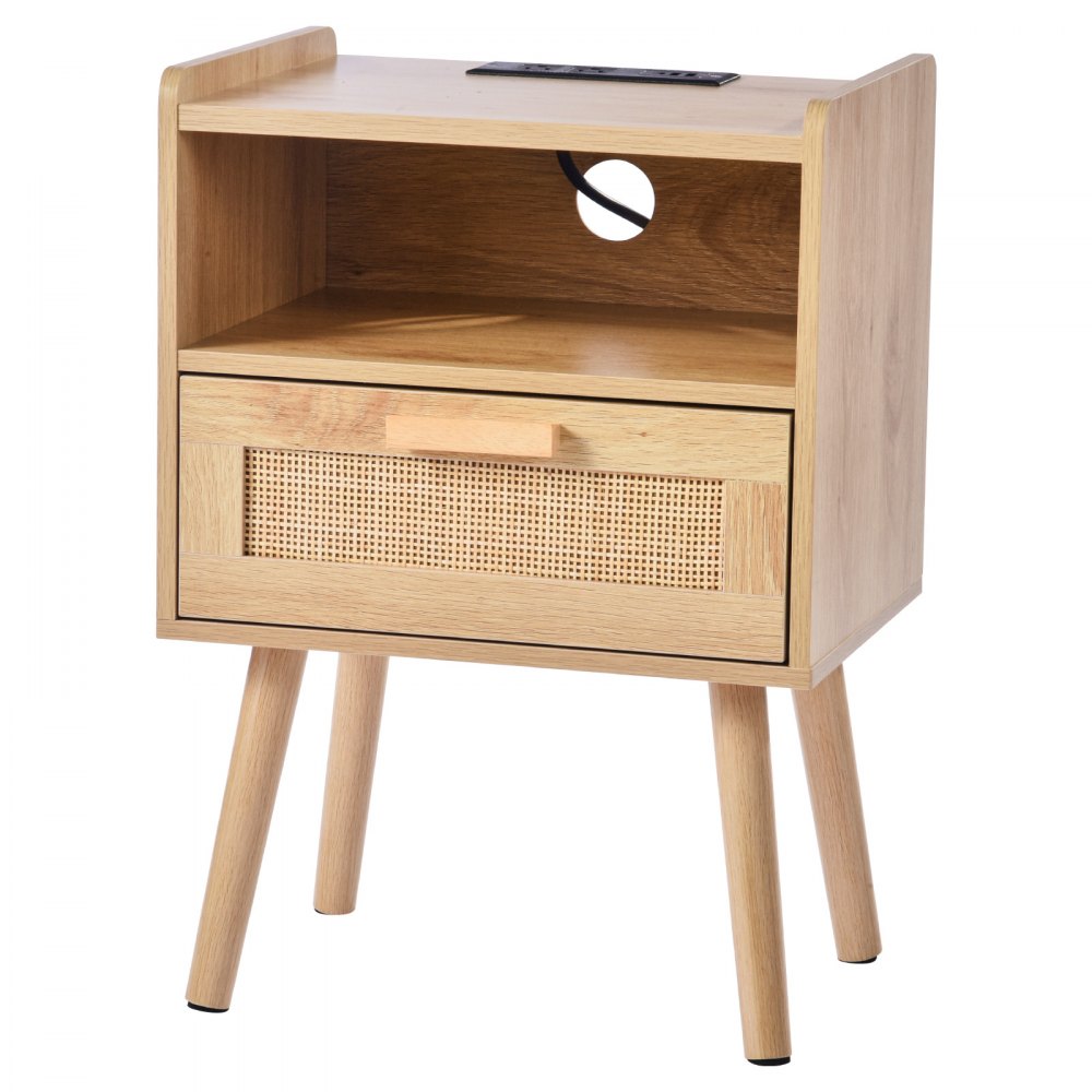 VEVOR Rattan Nightstand, Boho Bedside Table with Drawer Open Shelf, Rattan End Table Wooden Nightstand with Solid Wood Legs, Rattan Side Table with Charging Station, for Bedroom, Study & Living Room