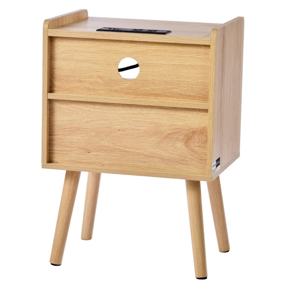 VEVOR Rattan Nightstand, Boho Bedside Table with Drawer Open Shelf, Rattan End Table Wooden Nightstand with Solid Wood Legs, Rattan Side Table with Charging Station, for Bedroom, Study & Living Room