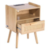 VEVOR Rattan Nightstand, Boho Bedside Table with Drawer Open Shelf, Rattan End Table Wooden Nightstand with Solid Wood Legs, Rattan Side Table with Charging Station, for Bedroom, Study & Living Room
