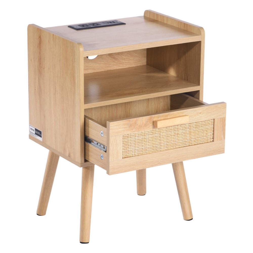 VEVOR Rattan Nightstand, Boho Bedside Table with Drawer Open Shelf, Rattan End Table Wooden Nightstand with Solid Wood Legs, Rattan Side Table with Charging Station, for Bedroom, Study & Living Room
