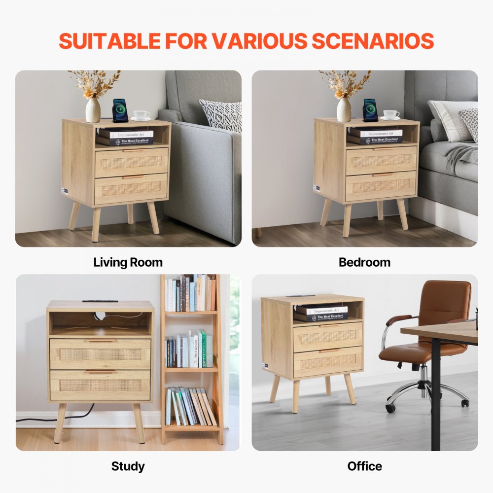 VEVOR Rattan Nightstand, Boho Bedside Table with Open Shelf 2 Drawers, Rattan End Table Nightstand with Solid Wood Legs, Rattan Bedside Table with Charging Station, for Bedroom, Study & Living Room