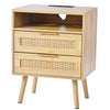 VEVOR Rattan Nightstand, Boho Bedside Table with Open Shelf 2 Drawers, Rattan End Table Nightstand with Solid Wood Legs, Rattan Bedside Table with Charging Station, for Bedroom, Study & Living Room