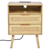 VEVOR Rattan Nightstand, Boho Bedside Table with Open Shelf 2 Drawers, Rattan End Table Nightstand with Solid Wood Legs, Rattan Bedside Table with Charging Station, for Bedroom, Study & Living Room