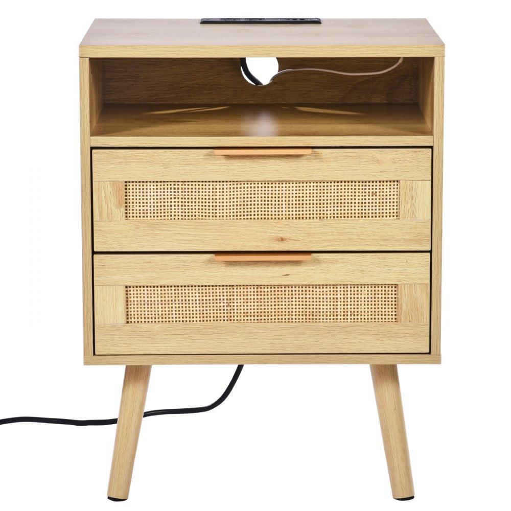 VEVOR Rattan Nightstand, Boho Bedside Table with Open Shelf 2 Drawers, Rattan End Table Nightstand with Solid Wood Legs, Rattan Bedside Table with Charging Station, for Bedroom, Study & Living Room