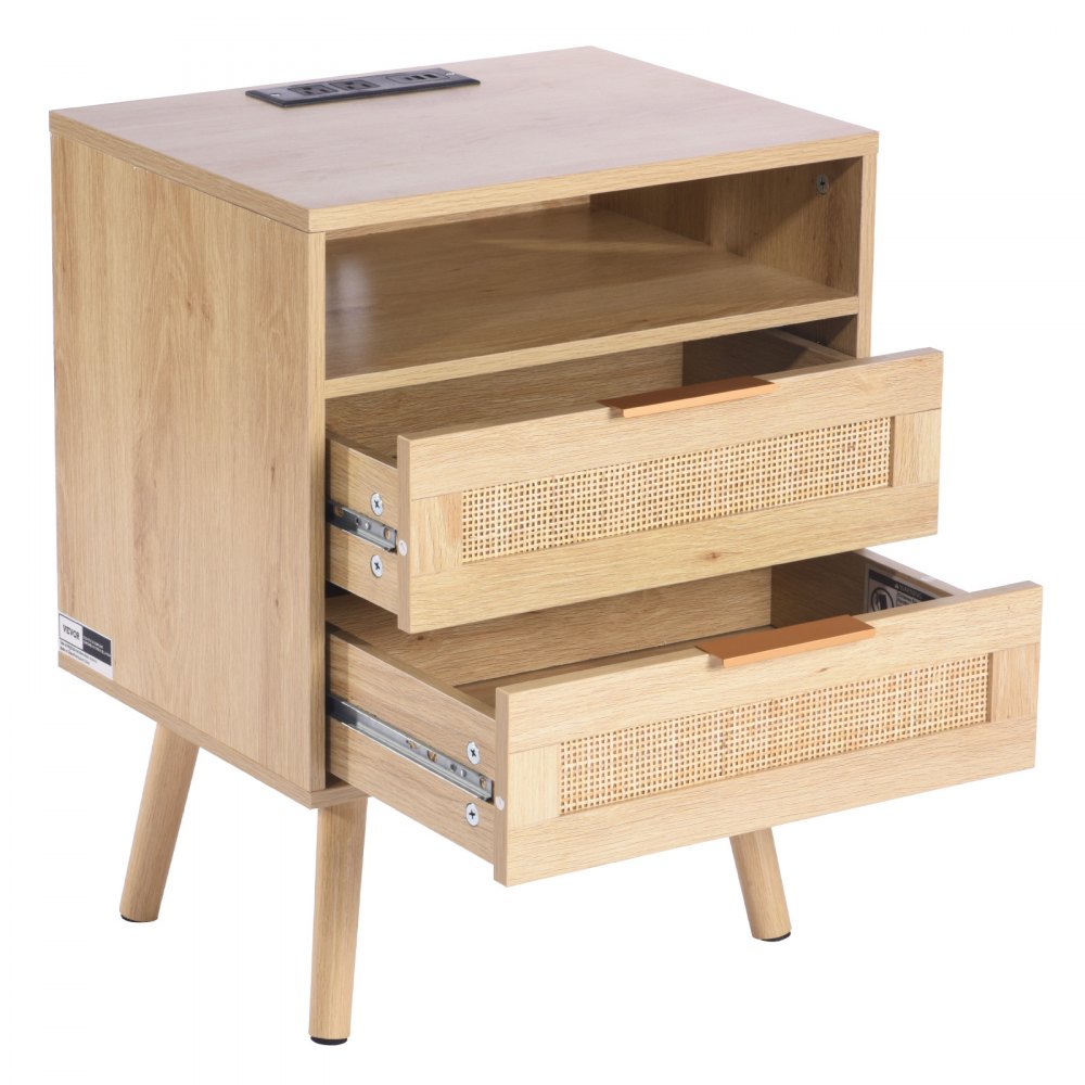 VEVOR Rattan Nightstand, Boho Bedside Table with Open Shelf 2 Drawers, Rattan End Table Nightstand with Solid Wood Legs, Rattan Bedside Table with Charging Station, for Bedroom, Study & Living Room