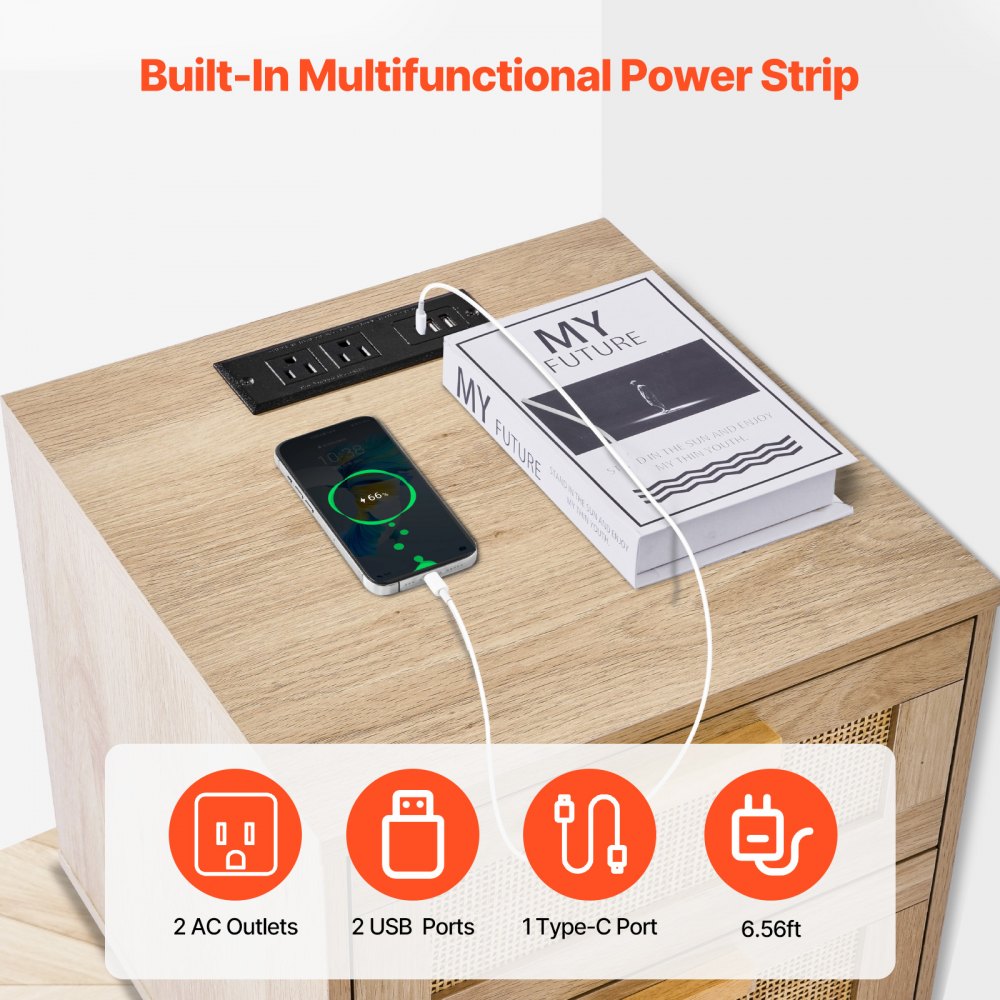 VEVOR Rattan Nightstand, Boho Bedside Table with 2 Drawers, Rattan End Table Nightstand with Solid Wood Legs, Rattan Bedside Table with Charging Station, for Bedroom, Study & Living Room