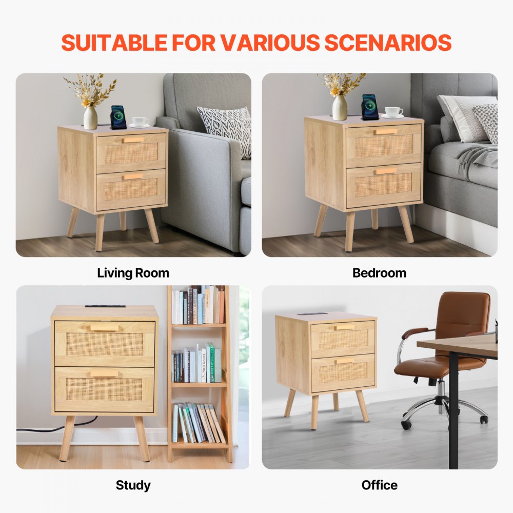 VEVOR Rattan Nightstand, Boho Bedside Table with 2 Drawers, Rattan End Table Nightstand with Solid Wood Legs, Rattan Bedside Table with Charging Station, for Bedroom, Study & Living Room