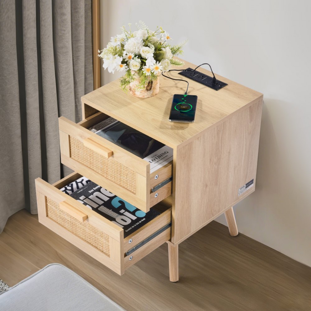 VEVOR Rattan Nightstand, Boho Bedside Table with 2 Drawers, Rattan End Table Nightstand with Solid Wood Legs, Rattan Bedside Table with Charging Station, for Bedroom, Study & Living Room