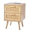 VEVOR Rattan Nightstand, Boho Bedside Table with 2 Drawers, Rattan End Table Nightstand with Solid Wood Legs, Rattan Bedside Table with Charging Station, for Bedroom, Study & Living Room