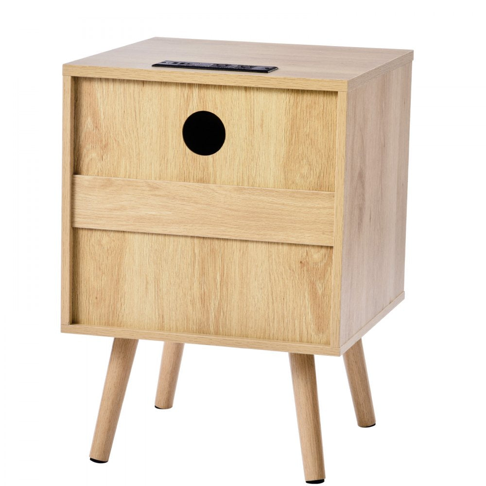 VEVOR Rattan Nightstand, Boho Bedside Table with 2 Drawers, Rattan End Table Nightstand with Solid Wood Legs, Rattan Bedside Table with Charging Station, for Bedroom, Study & Living Room