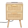 VEVOR Rattan Nightstand, Boho Bedside Table with 2 Drawers, Rattan End Table Nightstand with Solid Wood Legs, Rattan Bedside Table with Charging Station, for Bedroom, Study & Living Room