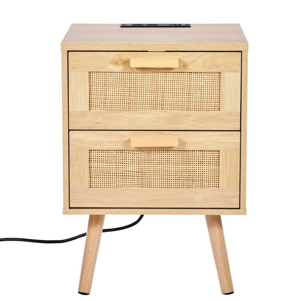 VEVOR Rattan Nightstand, Boho Bedside Table with 2 Drawers, Rattan End Table Nightstand with Solid Wood Legs, Rattan Bedside Table with Charging Station, for Bedroom, Study & Living Room