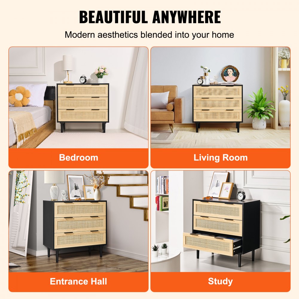 VEVOR 3 Drawer Rattan Dresser, Natural Rattan Closet Dresser with 3 Drawers, Modern Wood Chest Clothing Organizer & Storage Boho Dresser with Sturdy Handles & Legs, for Bedroom, Living Room & Hallway