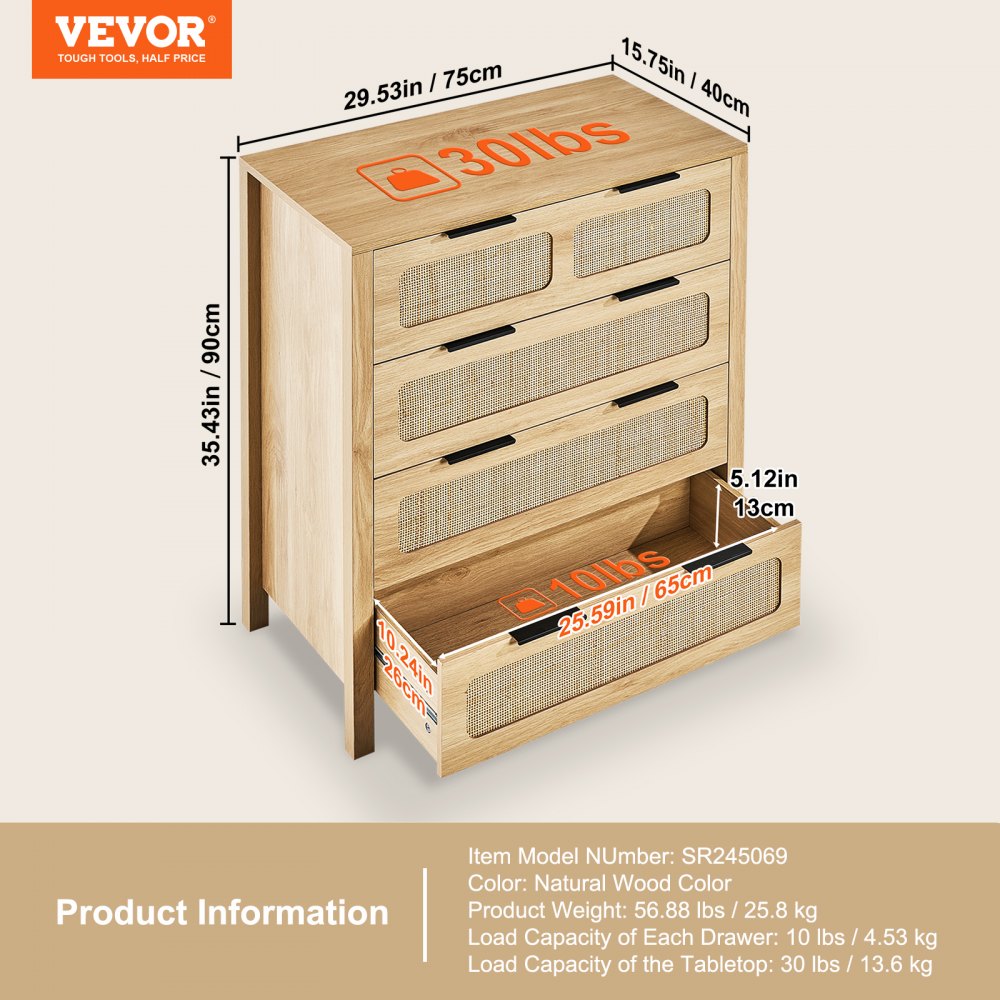 VEVOR 4 Drawer Rattan Dresser, Boho Dresser, Rattan Chest of Drawers with Spacious Storage, Natural Rattan Dresser for Bedroom, Living Room & Hallway,Rattan Nightstand with Sturdy Handles&Legs, Brown