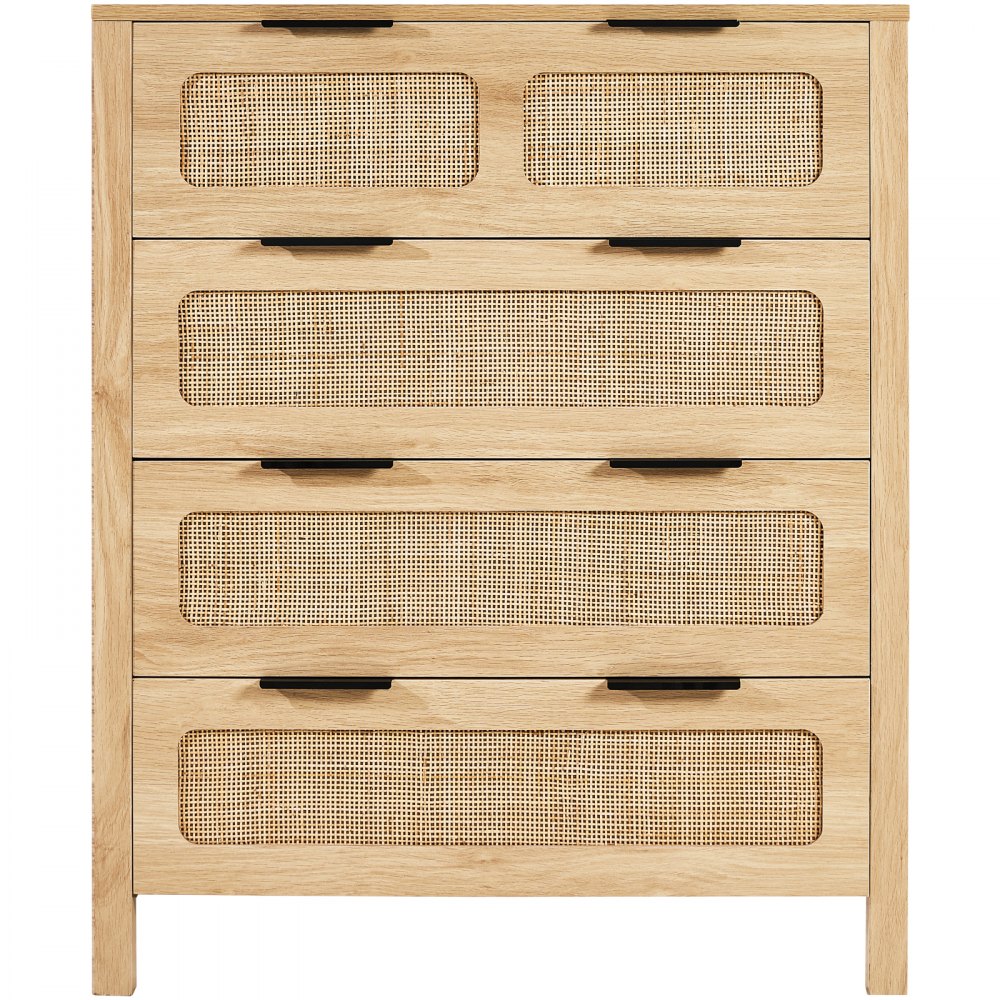VEVOR 4 Drawer Rattan Dresser, Boho Dresser, Rattan Chest of Drawers with Spacious Storage, Natural Rattan Dresser for Bedroom, Living Room & Hallway,Rattan Nightstand with Sturdy Handles&Legs, Brown