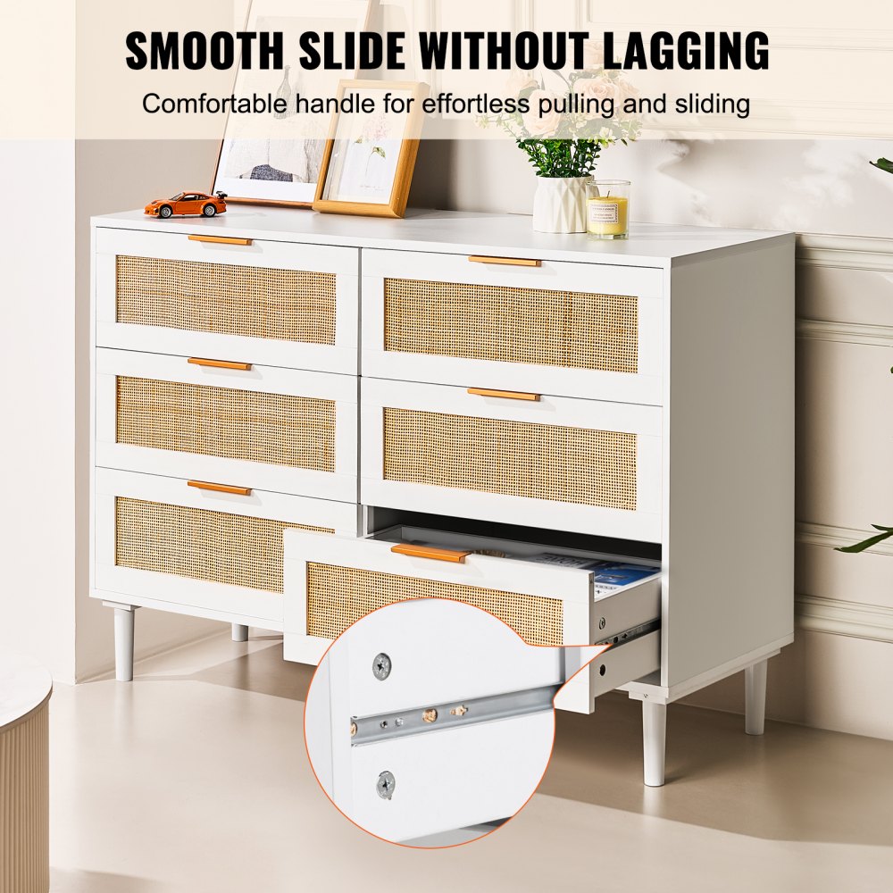 VEVOR 6 Drawer Rattan Dresser, Boho Dresser, Rattan Chest of Drawers with Spacious Storage, Natural Rattan Dresser for Bedroom, Living Room & Hallway,Rattan Nightstand with Sturdy Handles&Legs, White