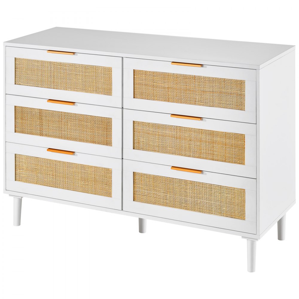 VEVOR 6 Drawer Rattan Dresser, Boho Dresser, Rattan Chest of Drawers with Spacious Storage, Natural Rattan Dresser for Bedroom, Living Room & Hallway,Rattan Nightstand with Sturdy Handles&Legs, White
