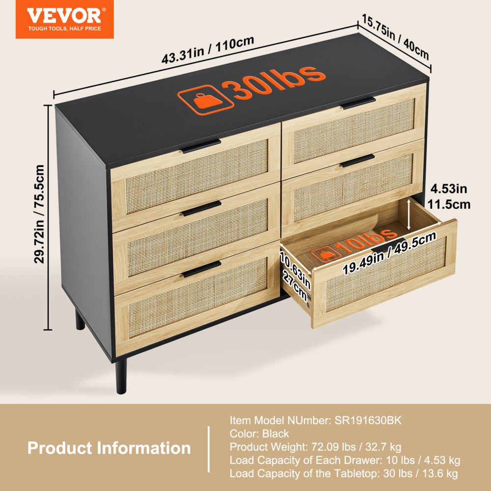 VEVOR 6 Drawer Rattan Dresser, Natural Rattan Closet Dresser with 6 Drawers, Modern Wood Chest Clothing Organizer & Storage Boho Dresser with Sturdy Handles & Legs, for Bedroom, Living Room & Hallway
