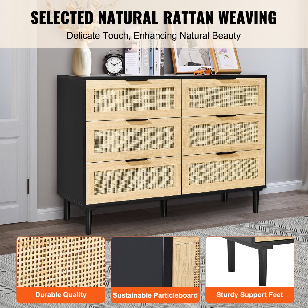 VEVOR 6 Drawer Rattan Dresser, Natural Rattan Closet Dresser with 6 Drawers, Modern Wood Chest Clothing Organizer & Storage Boho Dresser with Sturdy Handles & Legs, for Bedroom, Living Room & Hallway