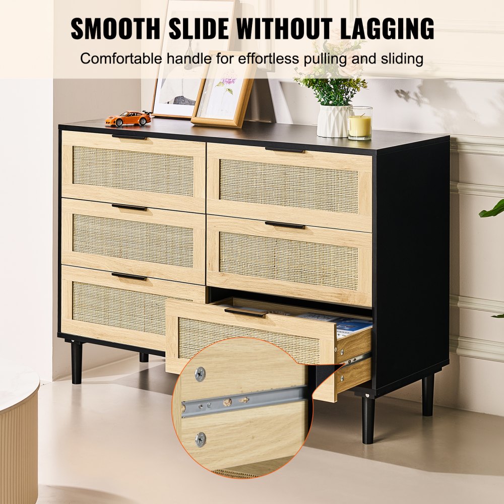 VEVOR 6 Drawer Rattan Dresser, Natural Rattan Closet Dresser with 6 Drawers, Modern Wood Chest Clothing Organizer & Storage Boho Dresser with Sturdy Handles & Legs, for Bedroom, Living Room & Hallway