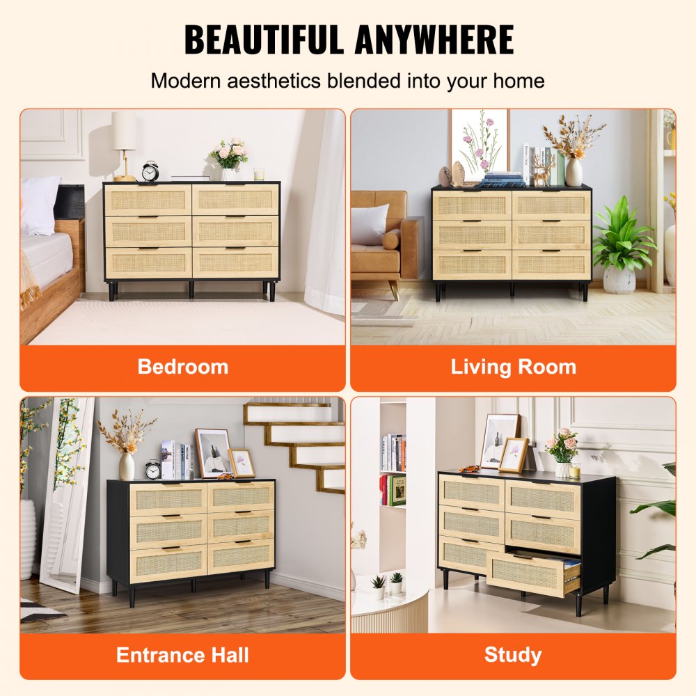 VEVOR 6 Drawer Rattan Dresser, Natural Rattan Closet Dresser with 6 Drawers, Modern Wood Chest Clothing Organizer & Storage Boho Dresser with Sturdy Handles & Legs, for Bedroom, Living Room & Hallway