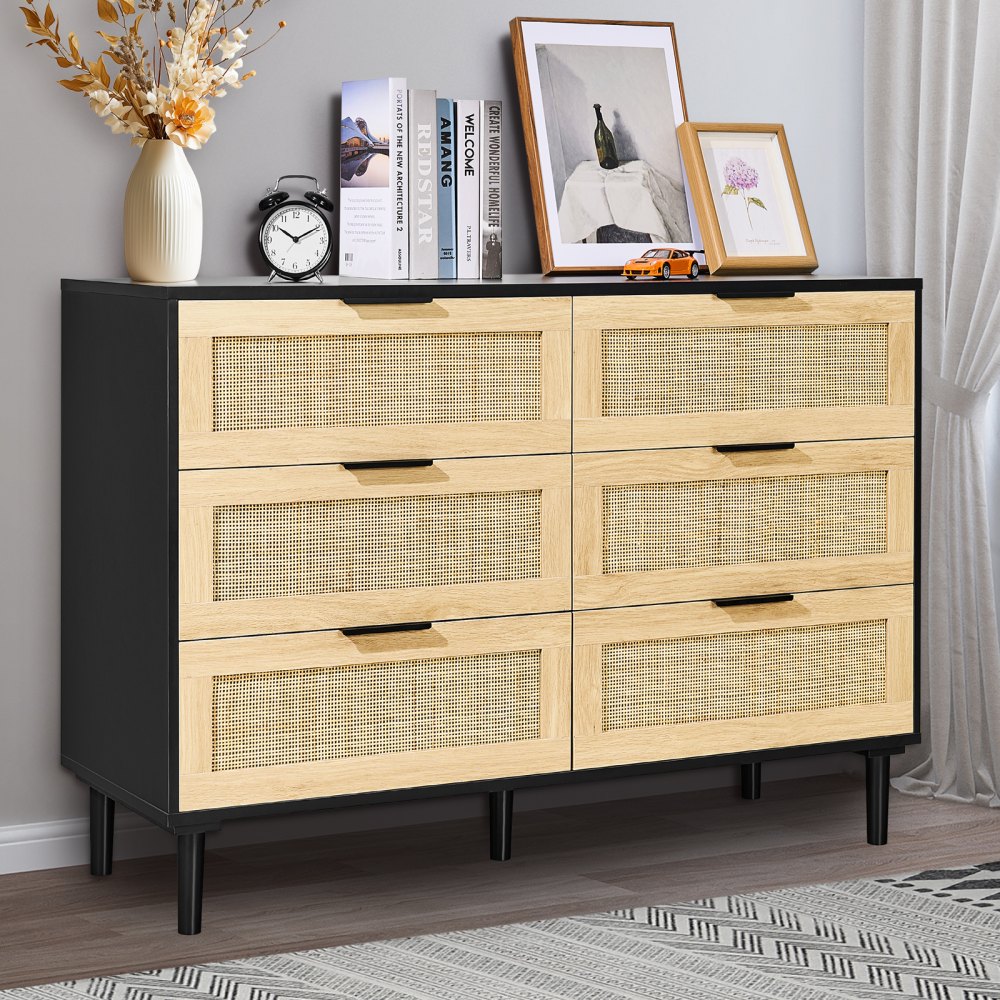 VEVOR 6 Drawer Rattan Dresser, Natural Rattan Closet Dresser with 6 Drawers, Modern Wood Chest Clothing Organizer & Storage Boho Dresser with Sturdy Handles & Legs, for Bedroom, Living Room & Hallway