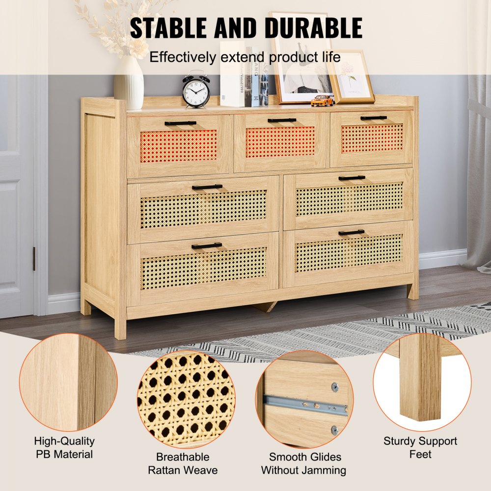 VEVOR 7 Drawer Rattan Dresser, Natural Rattan Wood Dressers with LED Light, Modern Wood Chest Clothing Organizer & Storage Boho Dresser with Sturdy Handles & Legs, for Bedroom, Living Room & Hallway