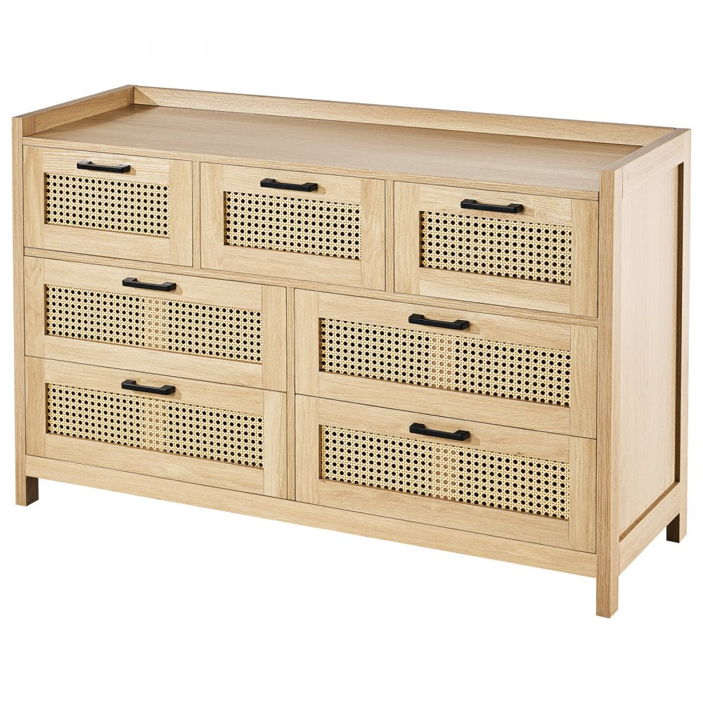 VEVOR 7 Drawer Rattan Dresser, Natural Rattan Wood Dressers with LED Light, Modern Wood Chest Clothing Organizer & Storage Boho Dresser with Sturdy Handles & Legs, for Bedroom, Living Room & Hallway