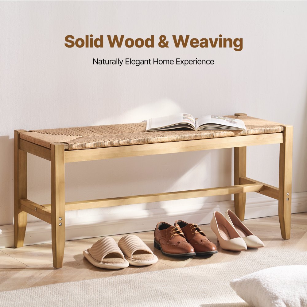 VEVOR Rattan Bench, 40" Wooden Rattan Bench, Entrywway Bench with Oak Wood Legs, Bedroom End of Bed Boho Bench with Hand Woven Rattan, for Living Room, Kitchen