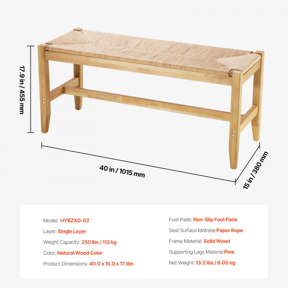 VEVOR Rattan Bench, 40" Wooden Rattan Bench, Entrywway Bench with Oak Wood Legs, Bedroom End of Bed Boho Bench with Hand Woven Rattan, for Living Room, Kitchen