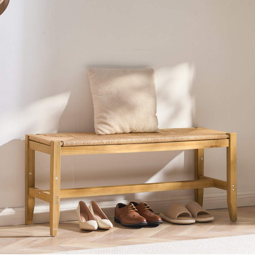 VEVOR Rattan Bench, 40" Wooden Rattan Bench, Entrywway Bench with Oak Wood Legs, Bedroom End of Bed Boho Bench with Hand Woven Rattan, for Living Room, Kitchen