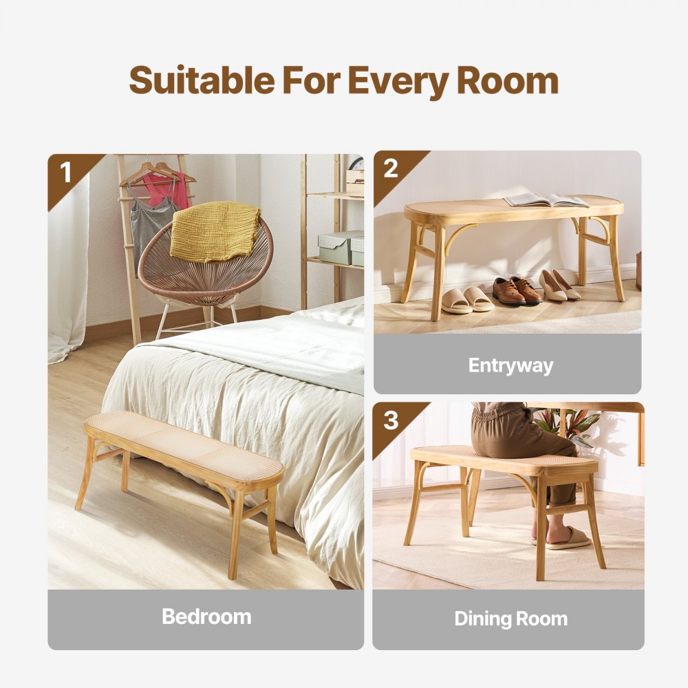 VEVOR Rattan Bench, 43.3" Wooden Rattan Bench, Entrywway Bench with Oak Wood Legs, Bedroom End of Bed Boho Bench with Hand Woven Rattan, for Living Room, Kitchen