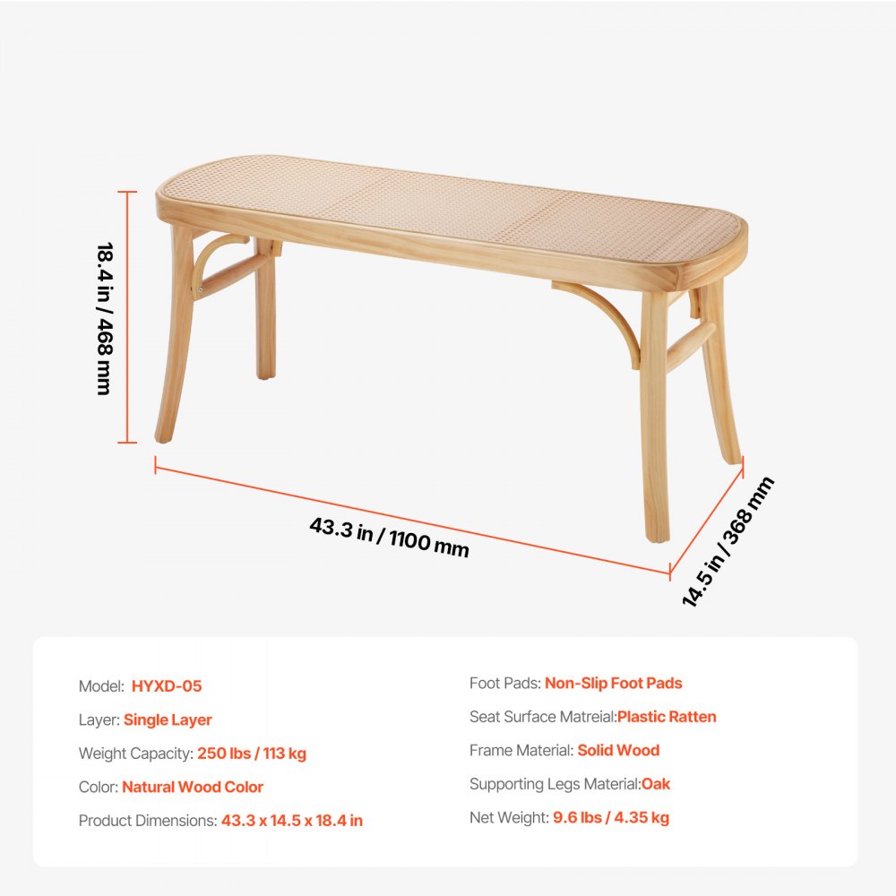 VEVOR Rattan Bench, 43.3" Wooden Rattan Bench, Entrywway Bench with Oak Wood Legs, Bedroom End of Bed Boho Bench with Hand Woven Rattan, for Living Room, Kitchen