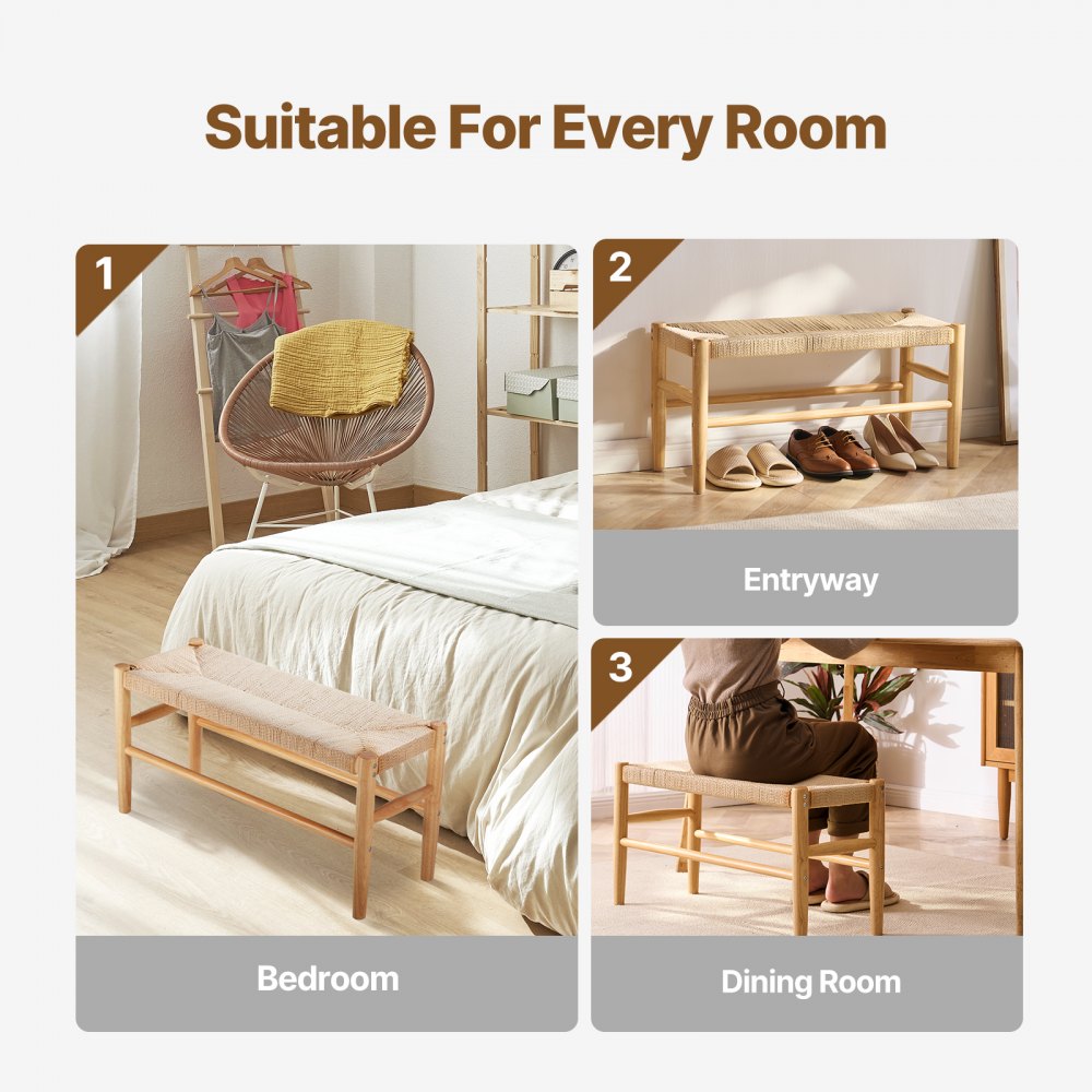 VEVOR Rattan Bench, 31.5" Wooden Rattan Bench, Entrywway Bench with Oak Wood Legs, Bedroom End of Bed Boho Bench with Hand Woven Rattan, for Living Room, Kitchen