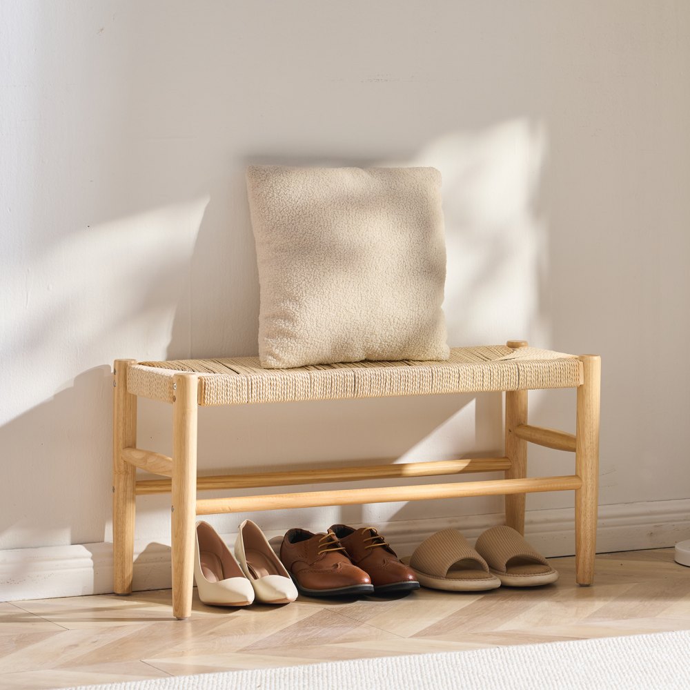 VEVOR Rattan Bench, 31.5" Wooden Rattan Bench, Entrywway Bench with Oak Wood Legs, Bedroom End of Bed Boho Bench with Hand Woven Rattan, for Living Room, Kitchen